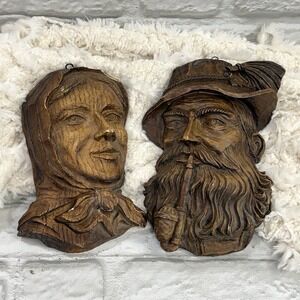 Vtg Folk Art Faux Hand Carved Wood Old Man With Pipe & Woman Wall Hanging Figure